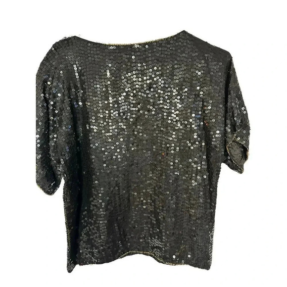 Elegance By Anujan Women's Black 100% Silk Short Sleeve Sequin Blouse Size M - Picture 3 of 3